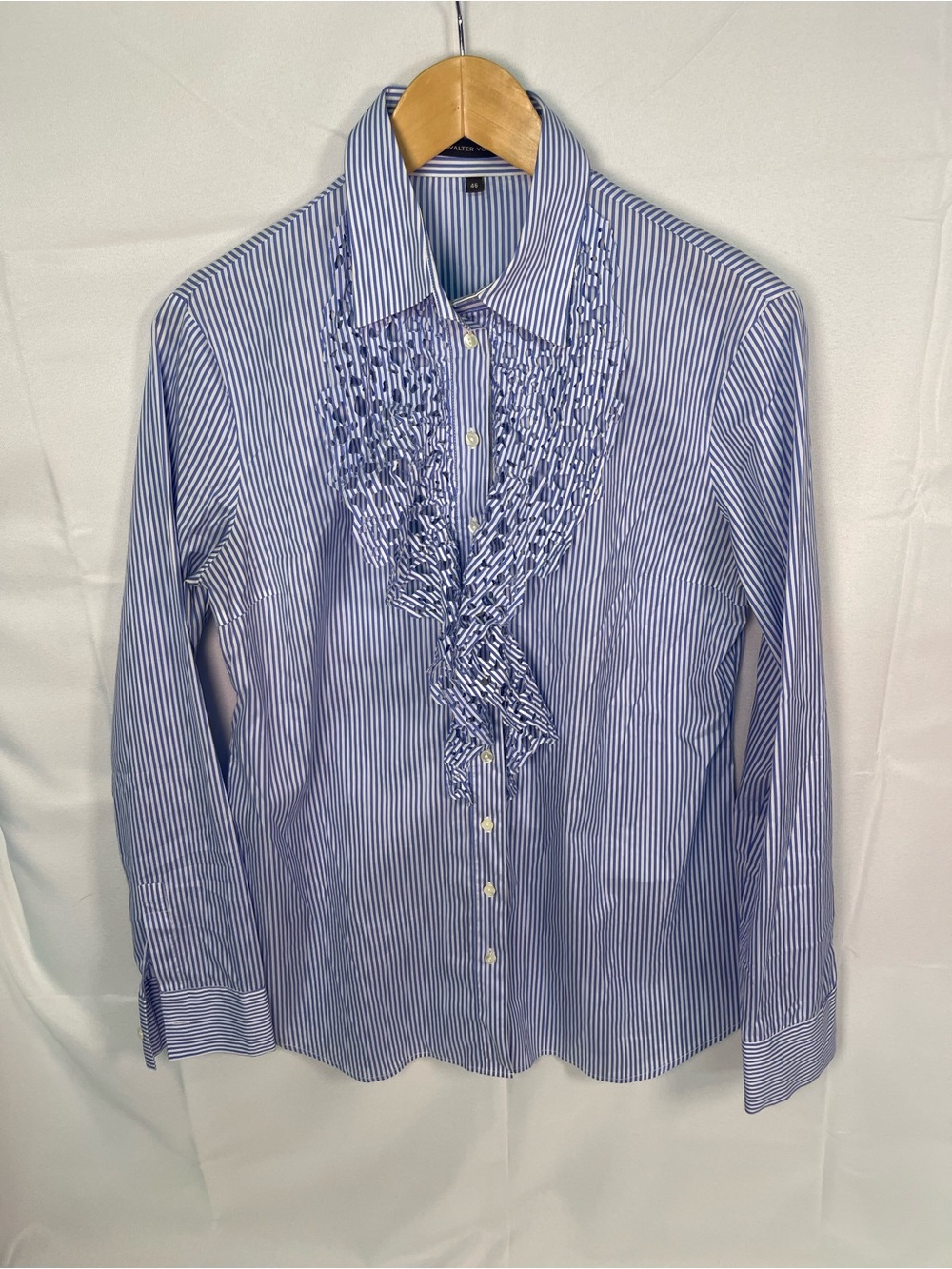 Walter Voulaz Size 46 Blue & White Striped Ruffle Front Shirt